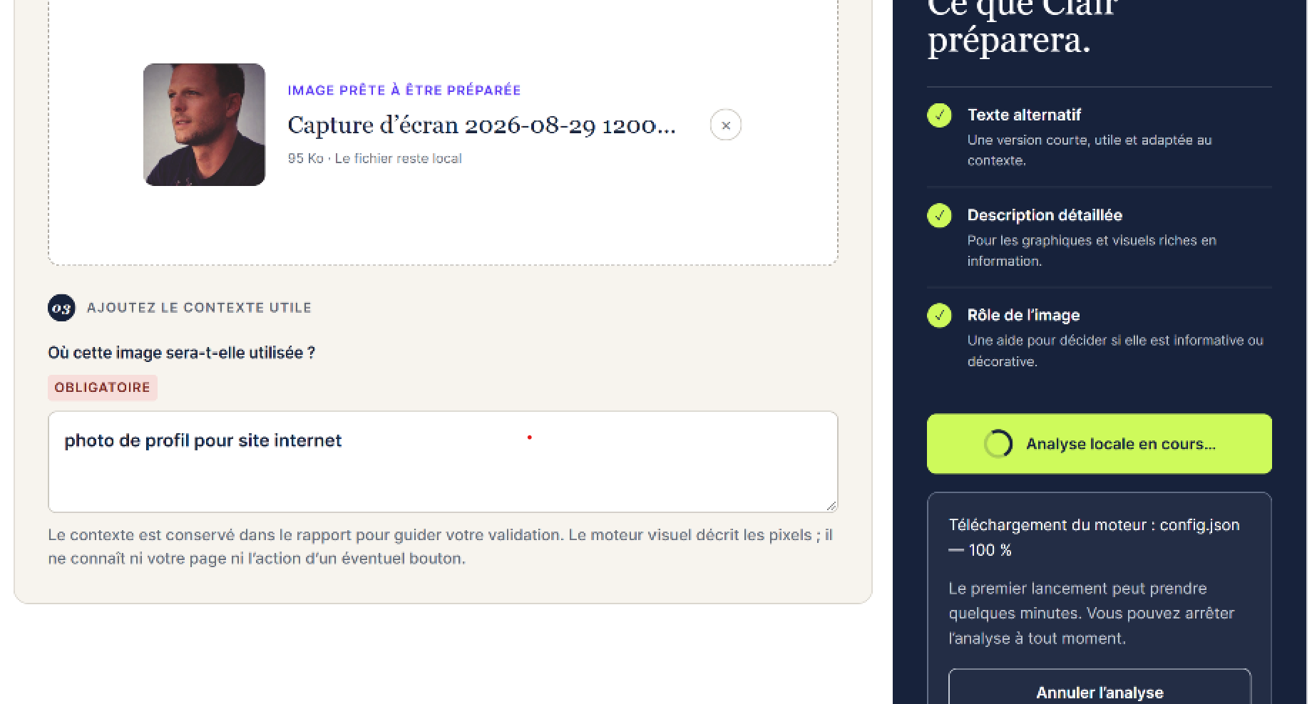 Aperçu de l’Atelier : une image déposée, son contexte d’utilisation et une analyse locale en cours.